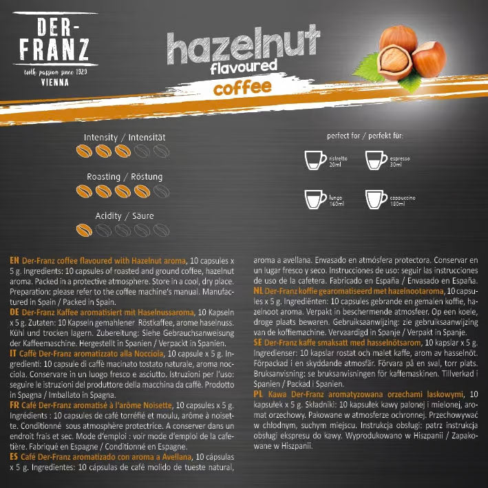 Der Franz Hazelnut Naturally Flavored Nespresso Coffee Capsules 10ct