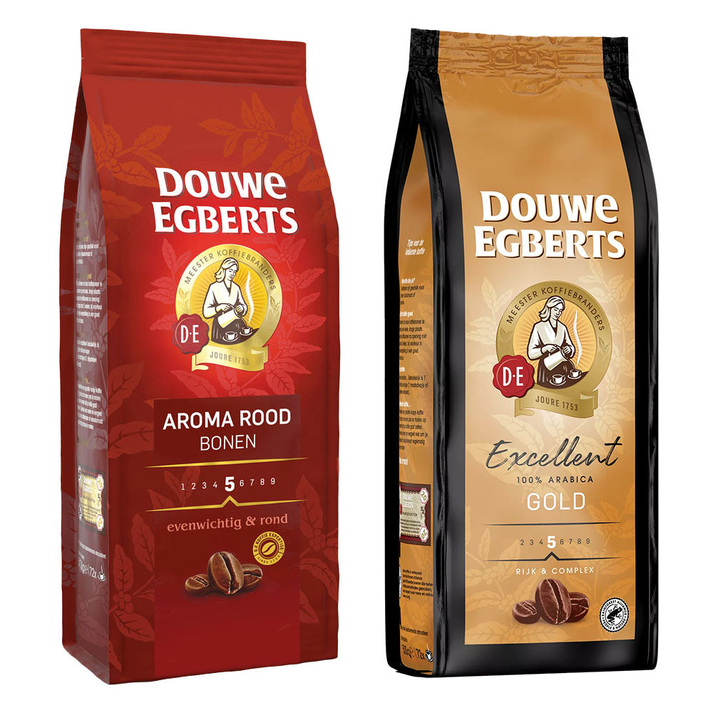Two Douwe Egberts coffee bags, one red and one brown, on a white background.