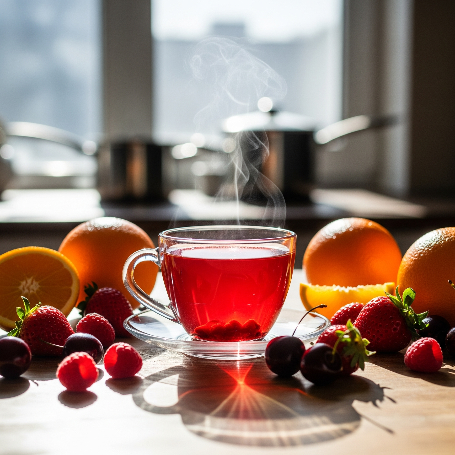 Steaming cup of red tea on a wooden table with fruits and berries