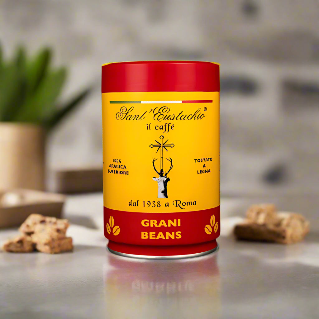 Red and yellow canister of Saint Eustachio coffee beans on a dark background